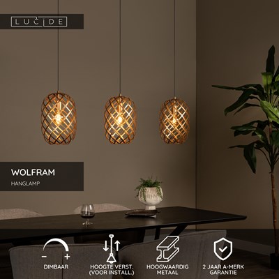 Lucide WOLFRAM - Hanglamp - 3xE27 - Mat Goud / Messing